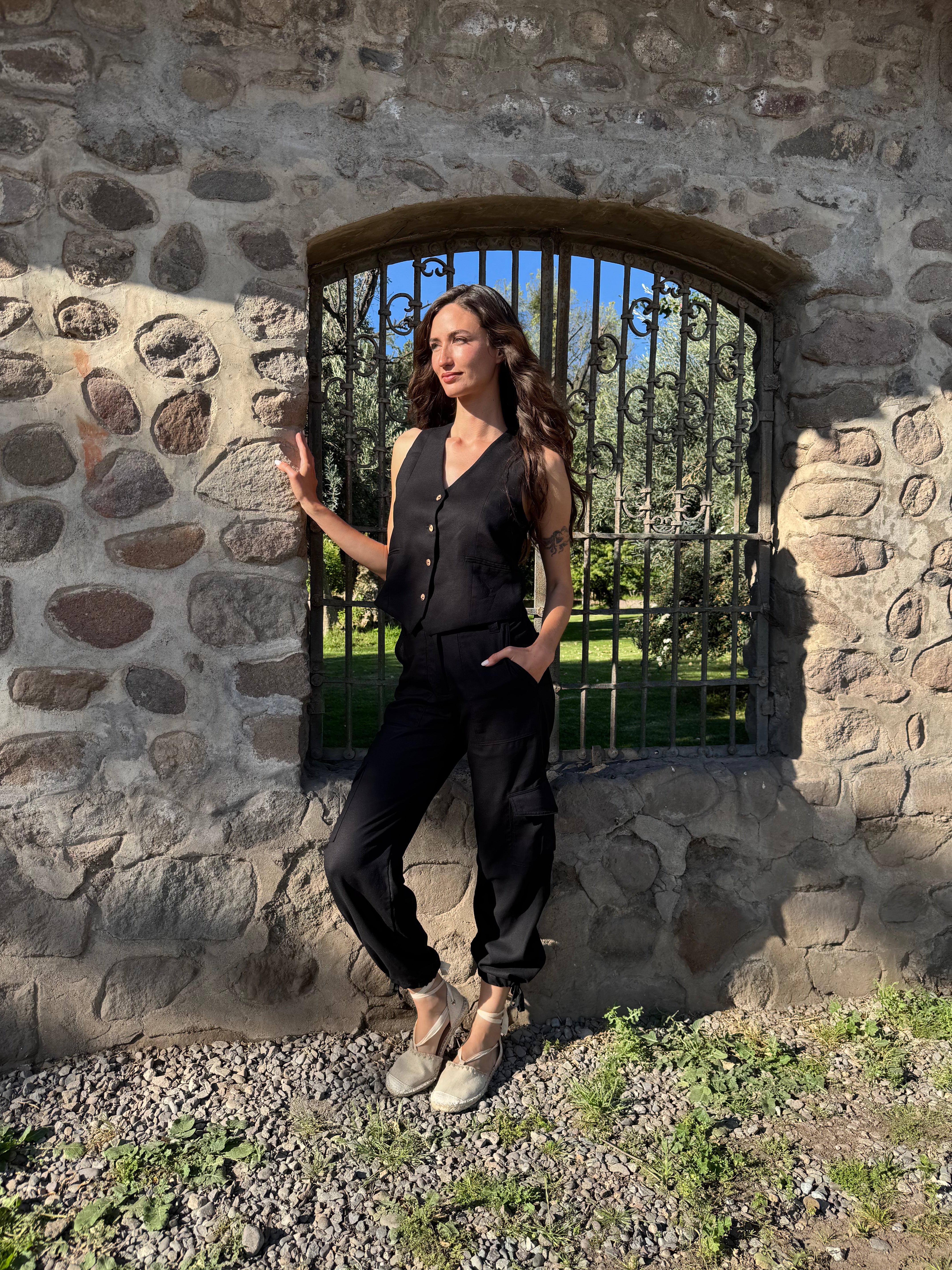 PANTALÓN LINO CARGO NEGRO