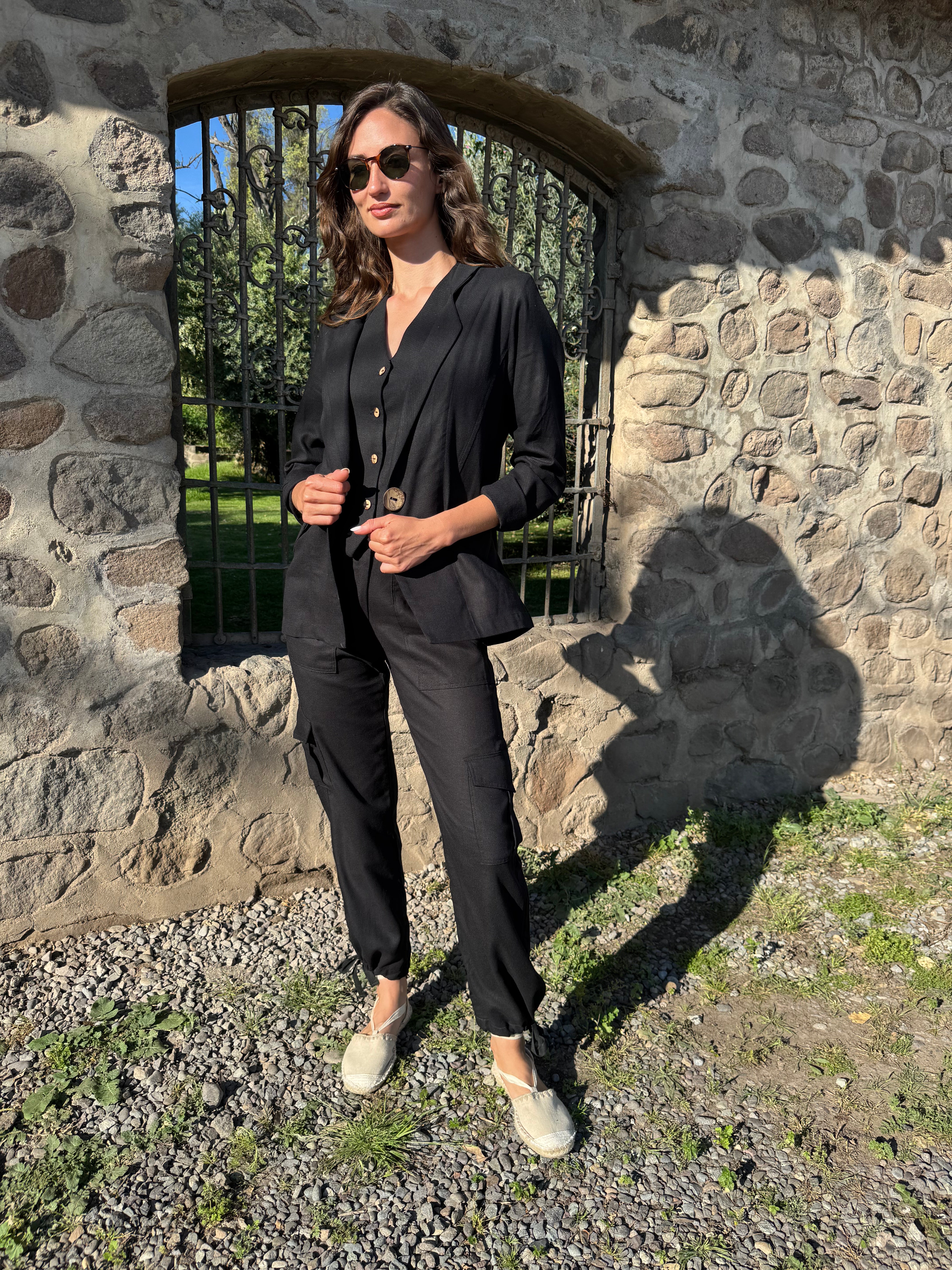 PANTALÓN LINO CARGO NEGRO