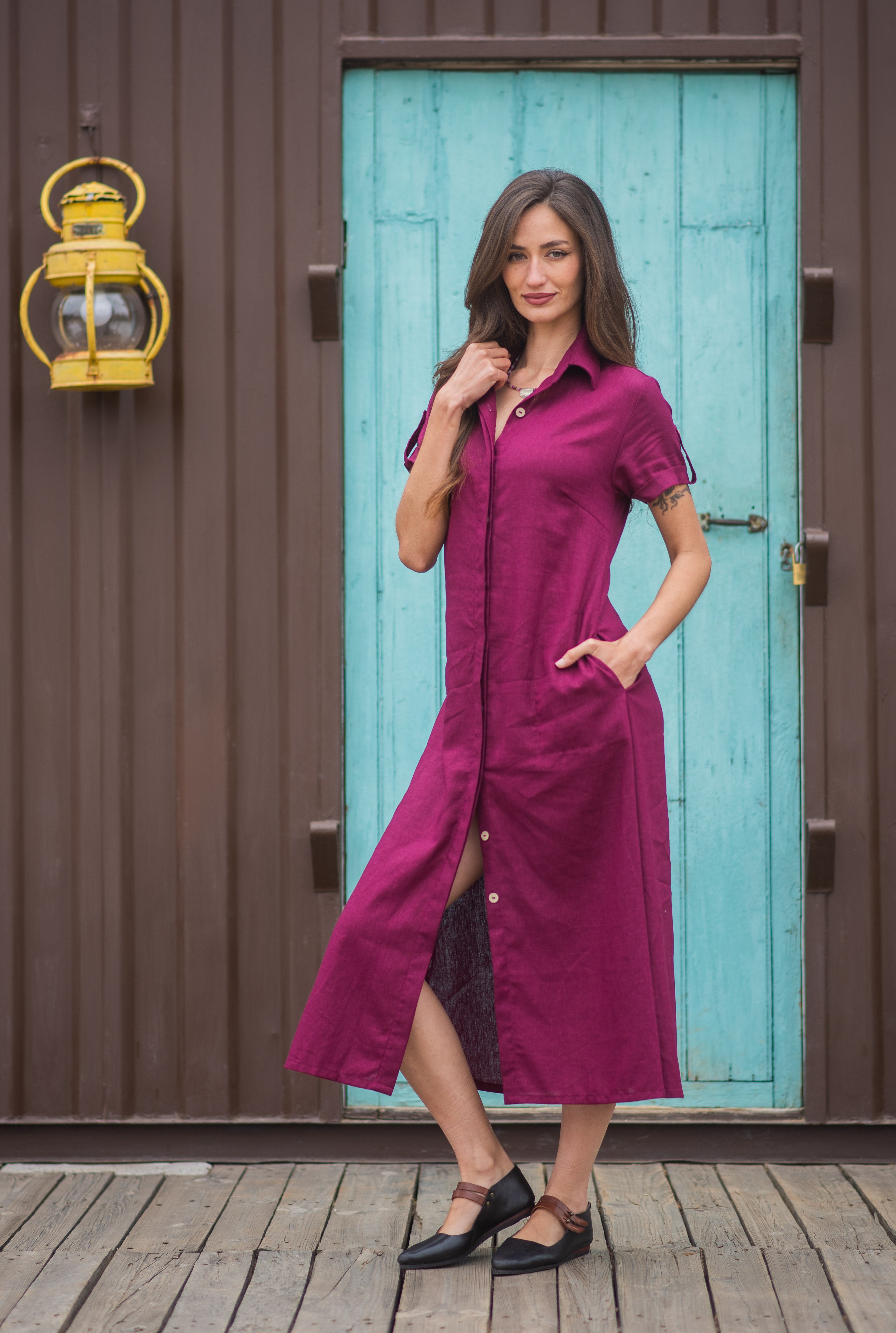 VESTIDO LINO LAVANDA BURDEO
