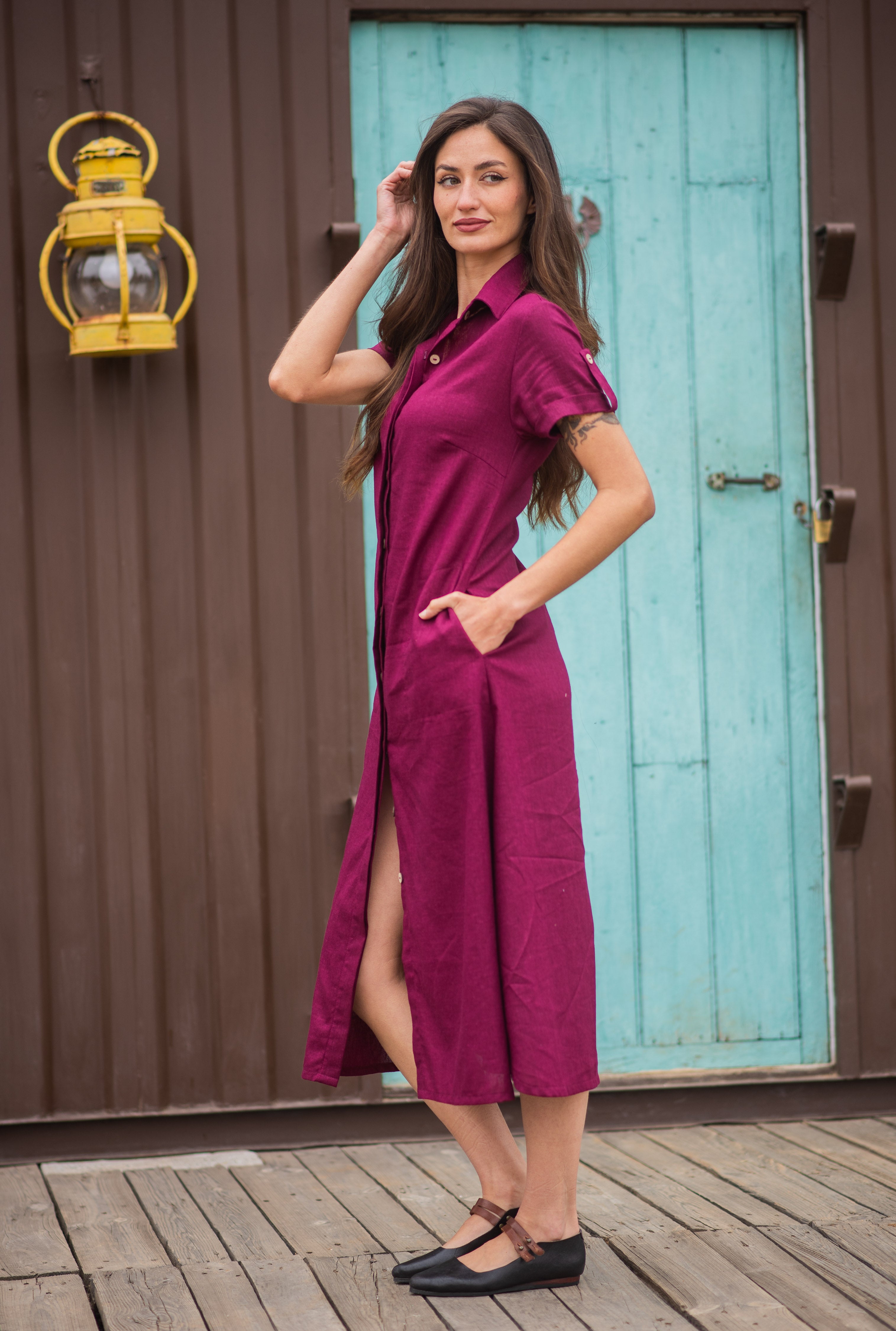 VESTIDO LINO LAVANDA BURDEO